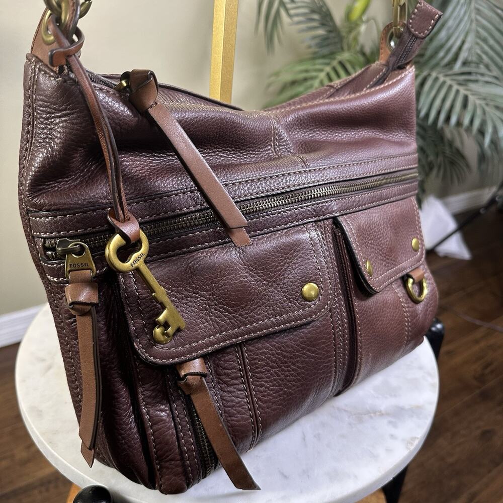 Fossil Morgan Traveler Crossbody Shoulder Pebbled Leather Cognac Brown Brass - Picture 2 of 13